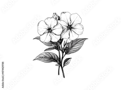 Phlox bloom floral sketch, hand-drawn vintage engraving, botanical garden art, antique black motif, engraved wildflowers, trendy nature decor, rustic wall print, retro home style,