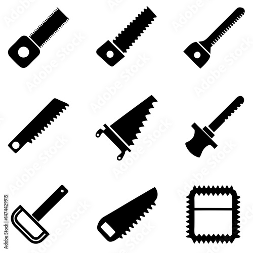 Black and white saw silhouette icons set against white