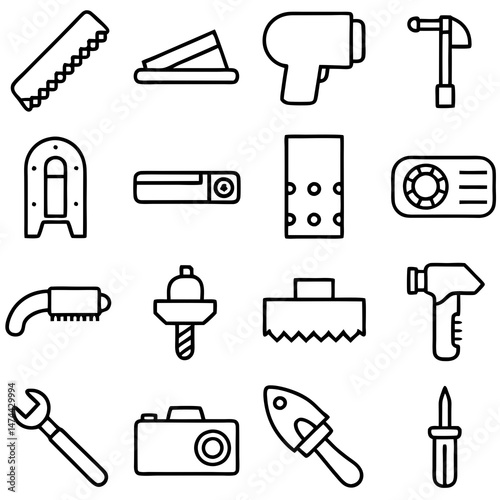 Assorted construction tools in outlined graphic style collage