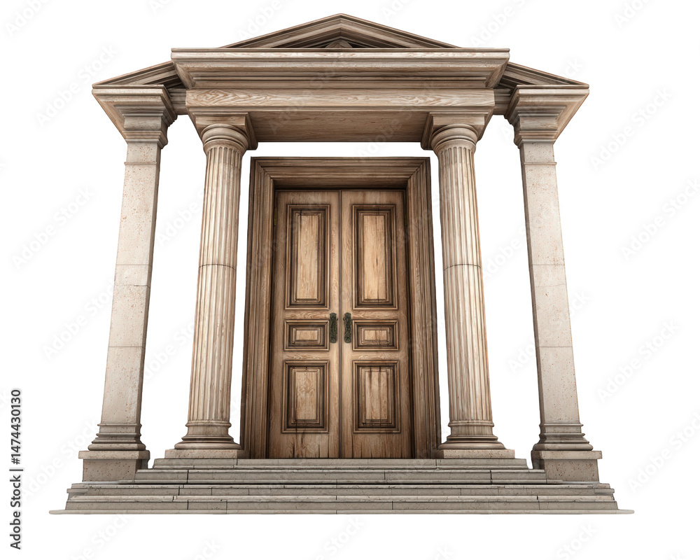 Obraz premium Grand wooden entrance with intricate carvings and elegant columns, showcasing classic architectural design. This impressive doorway invites curiosity and admiration