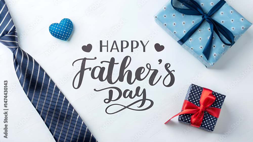 Fototapeta premium Happy Father's Day Background with Gift Boxes, Tie, and Calligraphy Design