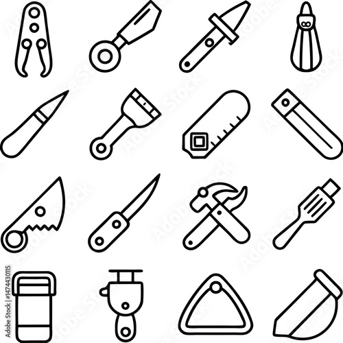 Line art assortment of tools and hardware equipment vector
