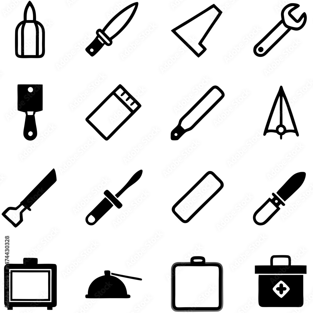 Outline icons of various tools and containers collection Outline icons of various tools and containers collection