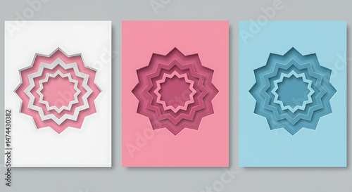 Layered geometric starburst shapes with soft pastel colors and subtle shadows, concept for graphic design templates, invitation cards and modern branding