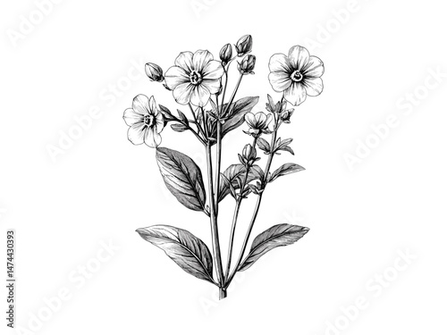 Red campion flower hand-drawn engraving, antique botanical illustration, vintage floral sketch, rustic garden bloom, black sketch decor, trendy floral art, engraved decor, classic garden motif