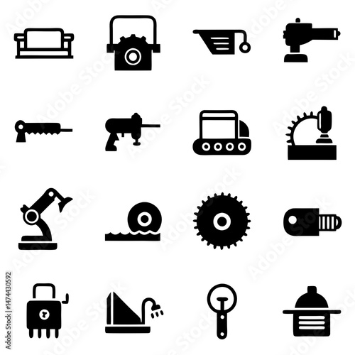 Assortment of black and white icons representing industrial elements