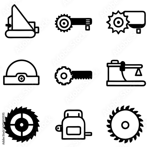 Variety of carpentry tools with sharp blades and gears