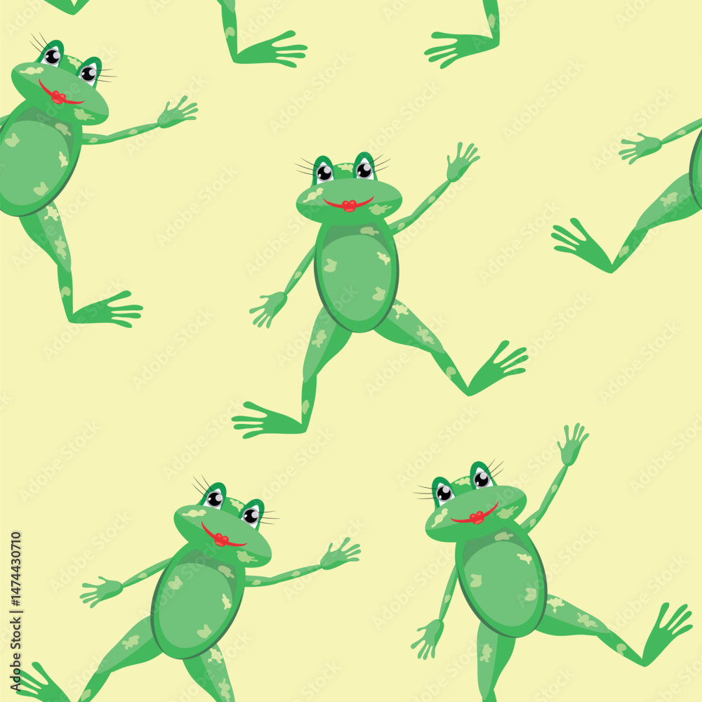 Seamless vector pattern featuring a cute cartoon frog on a light yellow background. This adorable and playful design is perfect for kids’ clothing, wallpapers, packaging, fabric, stationery, or party Seamless vector pattern featuring a cute cartoon frog on a light yellow background. This adorable and playful design is perfect for kids’ clothing, wallpapers, packaging, fabric, stationery, or party