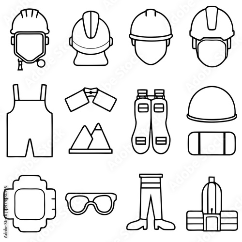 Outline icons of occupational safety and outdoor equipment