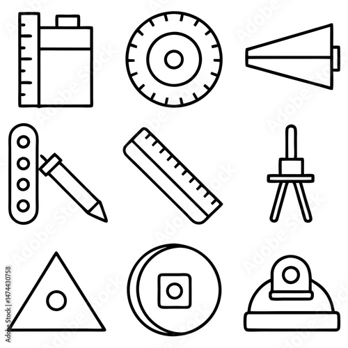 Technical outline drawing of measurement tools and geometric shapes