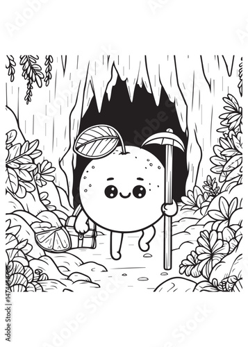 Coloring book orange explorer with a pickaxe and treasure chest entering a cave