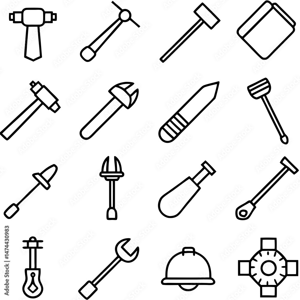 Line art icons depicting various tools and equipment set Line art icons depicting various tools and equipment set