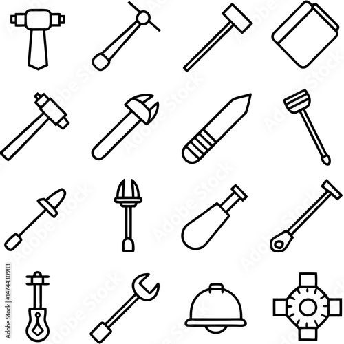 Line art icons depicting various tools and equipment set