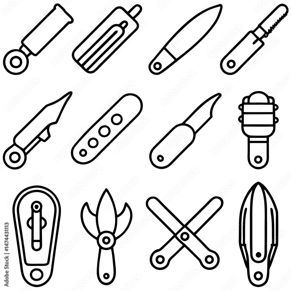 Collection of various cutting tools represented in outline format Collection of various cutting tools represented in outline format