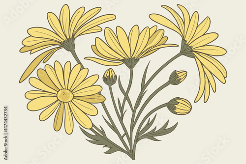 51 a heart-shaped arrangement of vibrant yellow daisy flowers, photorealistic, in a studio setting, high definition, sharp focus, intricate details, warm lighting, natural beauty, floral arrangement, 