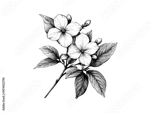 Antique ink sketch of small jasmine flower, vintage hand-drawn floral print, retro botanical decor, trendy garden fragrance motif, engraved bloom art, old-world style, floral engraving