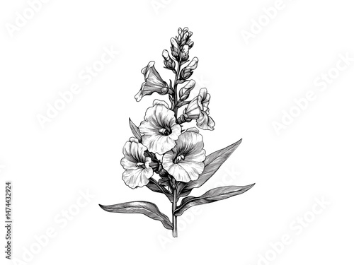 Engraving Style Snapdragon Bloom, vintage flower illustration, detailed antique botanical sketch, hand-drawn flora art, trendy floral decor print, engraved wildflower poster,