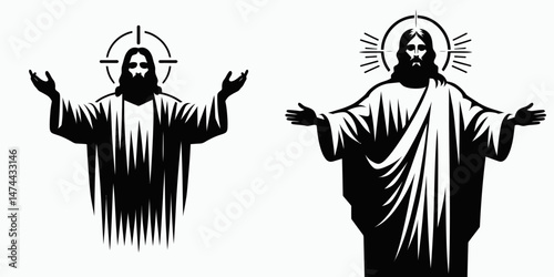 The Jesus with Outstretched Hands. Christian Clipart silhouette Vector Logo Symbol isolated on white background. Deity open palms divine figure reaching outward offering solace and grace.