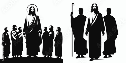 The Jesus with Disciples. Christian Clipart silhouette Vector Logo Symbol isolated on white background. Savior alongside followers gospel ministry belief devotion doctrine leader.