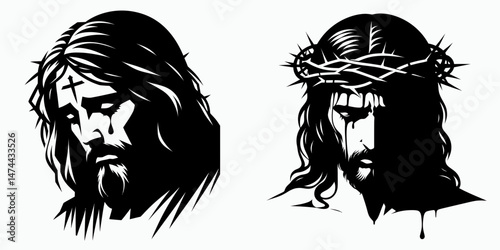 The Jesus Weeping. Christian Clipart silhouette Vector Logo Symbol isolated on white background. Christs sorrow an emotion of divine grief and lament a faith contemplation.