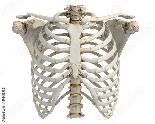 Detailed anatomical model of human ribcage showcasing its intricate structure and design. This model emphasizes delicate arrangement of ribs and vertebrae, ideal for educational purposes photo