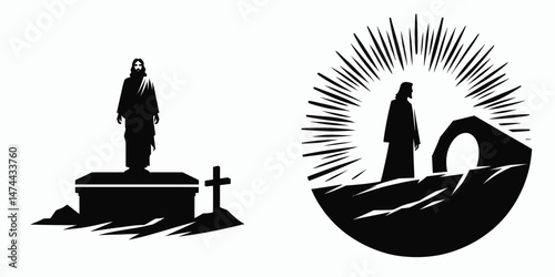 The Jesus Standing at Tomb. Christian Clipart silhouette Vector Logo Symbol isolated on white background. Christ figure sepulcher devotion faith resurrection archetype holy place.