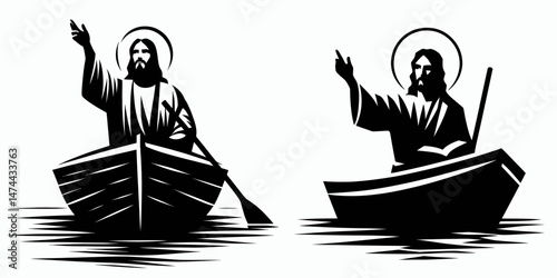 The Jesus Teaching from Boat. Christian Clipart silhouette Vector Logo Symbol isolated on white background. Gospel instruction aboard a vessel aquatic sermon faith divinity concept.