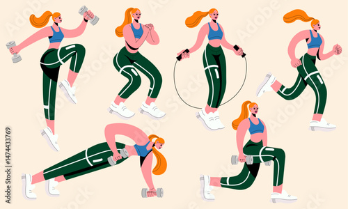 Modern vector illustration. Red-haired white girl doing physical training. Workout, dumbbells, skipping rope.