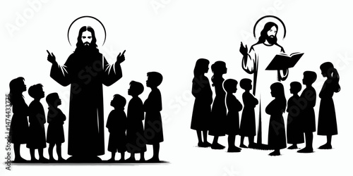 The Jesus Teaching Children. Christian Clipart silhouette Vector Logo Symbol isolated on white background. Divine instruction guiding youth spiritual learning early education.