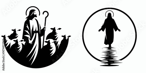 The Jesus Shepherding Sheep. Christian Clipart silhouette Vector Logo Symbol isolated on white background. savior guiding flock divine pastoral care belief faith christs doctrine.