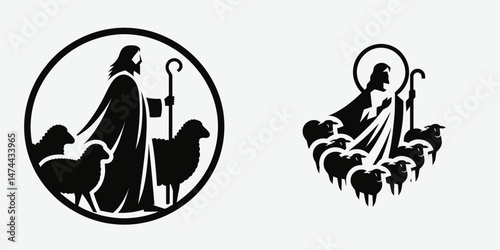 The Jesus Shepherding Sheep. Christian Clipart silhouette Vector Logo Symbol isolated on white background. savior guiding flock a divine paragon of care pastoral devotion theme.