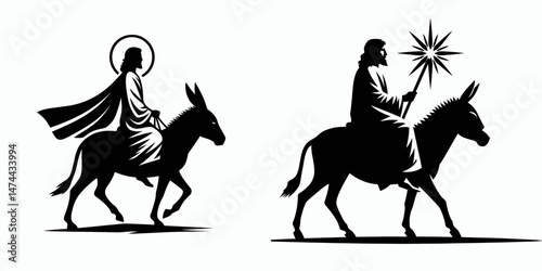 The Jesus Riding Donkey. Christian Clipart silhouette Vector Logo Symbol isolated on white background. Christs mount holy entry a burro gospel account religious celebration.