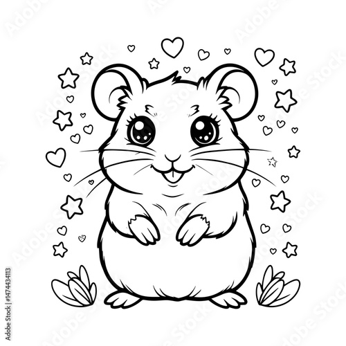 Whimsical Hamster Illustration: A cute and cheerful illustration of a hamster, exuding charm with its big, innocent eyes, surrounded by hearts and stars.
