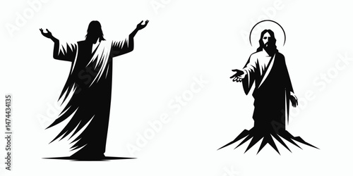 The Jesus Reaching Out Hand. Christian Clipart silhouette Vector Logo Symbol isolated on white background. Deity extending arm toward compassion divine aid and devotion.