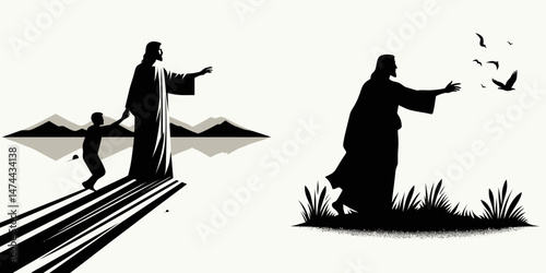 The Jesus Reaching to Lost. Christian Clipart silhouette Vector Logo Symbol isolated on white background. Savior extending a hand toward wandering humanity providing hope and redemption.