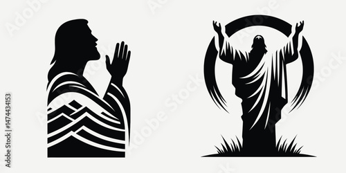 The Jesus Raising Hand in Prayer. Christian Clipart silhouette Vector Logo Symbol isolated on white background. Christs supplication heavenly communion depiction sacred figure worship.
