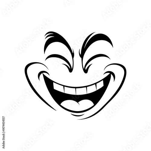 Cartoon face Laughing Expression: A simple black and white illustration of a cartoon face, with a wide, exaggerated smile and closed eyes, conveying an overwhelming sense of happiness and amusement.