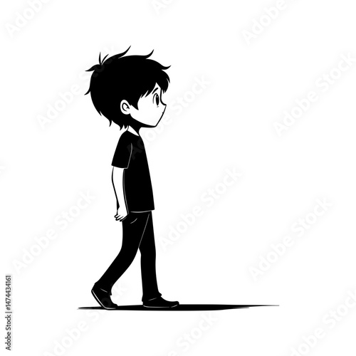 Silent Stroll of a Young Boy: A monochromatic illustration portrays a contemplative young boy walking in solitude, his silhouette casting a shadow against an unseen backdrop.