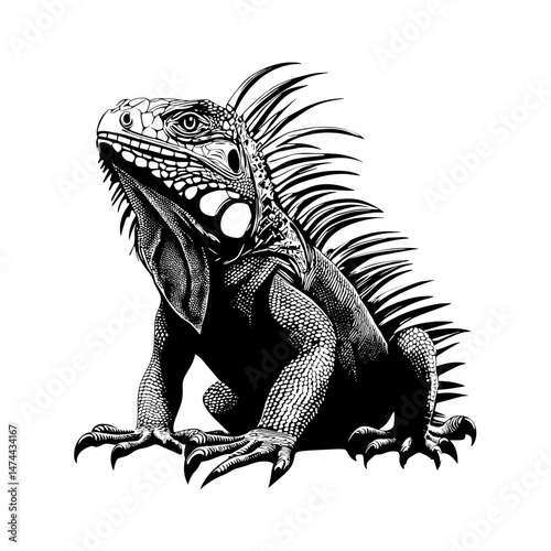 Majestic Iguana in Profile: A striking black and white illustration showcases a regal iguana in profile, revealing intricate scales and textures. The iguana poses with poised posture.