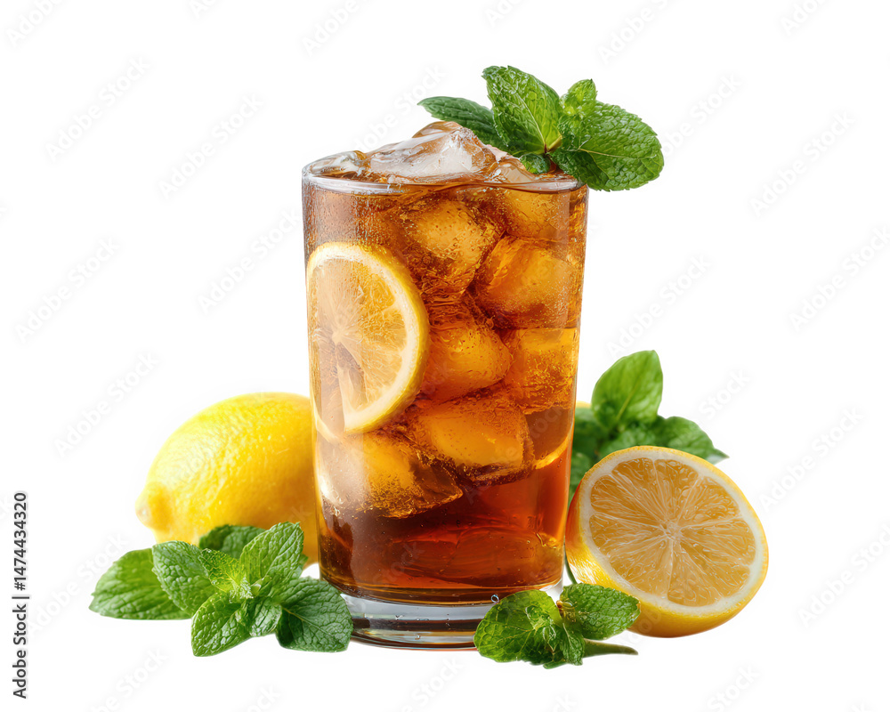 Fototapeta premium Refreshing iced tea with lemon slices and mint, served in tall glass filled with ice. vibrant colors of lemon and mint enhance drink appeal, making it perfect for hot day