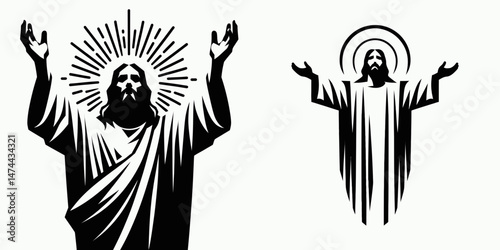 The Jesus Opening Arms. Christian Clipart silhouette Vector Logo Symbol isolated on white background. Divine savior extending welcome a gesture of charity and loving embrace.