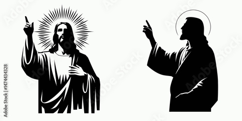 The Jesus Pointing to Heaven. Christian Clipart silhouette Vector Logo Symbol isolated on white background. savior gesturing toward paradise eternal divinity and spiritual guidance.