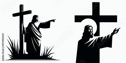 The Jesus Pointing to Cross. Christian Clipart silhouette Vector Logo Symbol isolated on white background. Christs indication toward redemption symbol faith spirituality belief.