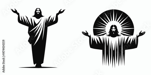 The Jesus Opening Arms. Christian Clipart silhouette Vector Logo Symbol isolated on white background. savior extends affection an invitation of welcome divine mercy and grace.