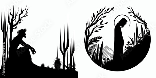 The Jesus in Garden of Gethsemane. Christian Clipart silhouette Vector Logo Symbol isolated on white background. Saviors agony divine contemplation spiritual suffering and sacred.