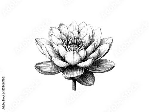 Hand-drawn water lily flower engraving, vintage botanical sketch, antique floral illustration, trendy rustic decor, black sketch, aquatic bloom print, old engraving style, floral motif