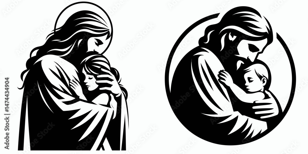 Obraz premium The Jesus Hugging a Child. Christian Clipart silhouette Vector Logo Symbol isolated on white background. Deitys embrace divine affection innocent offspring holy love childhood.