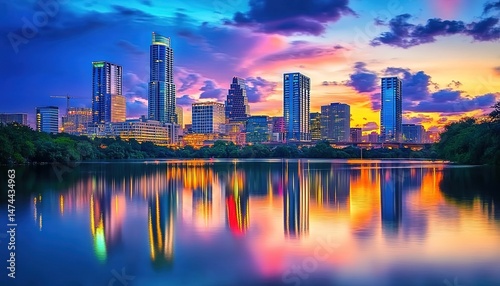 Panoramic sunset city skyline with skyscrapers reflecting on calm water and vibrant clouds.