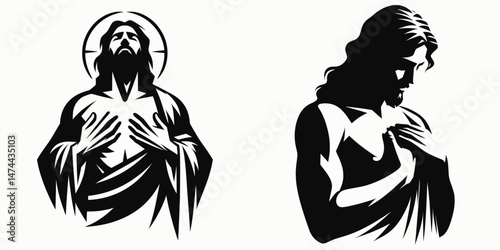 The Jesus Holding His Chest. Christian Clipart silhouette Vector Logo Symbol isolated on white background. savior embracing thorax divine love affection and spiritual wellness.