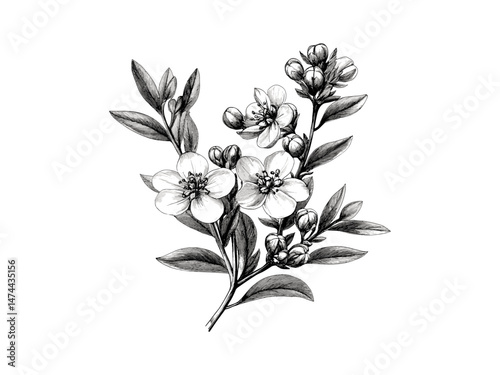 Hand-drawn engraving of white trout lily, vintage botanical sketch, antique floral illustration, rustic spring woodland bloom, black sketch, trendy engraved decor motif, vintage floral art